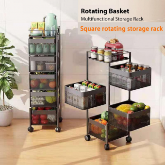 [Ready Stock] Multipurpose 4/5 Tier Square Kitchen Storage Rack with Rotating Basket and Detachable