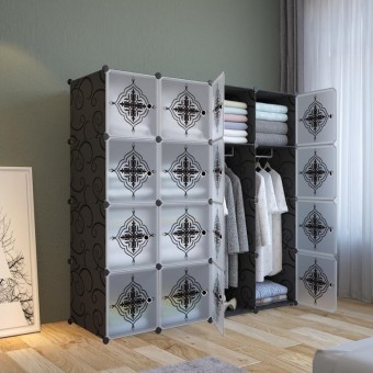 FlowerBlack 16 cube Black DIY Multipurpose Wardrobe Cabinet Clothes Storage Organizer Almari Rak Dro