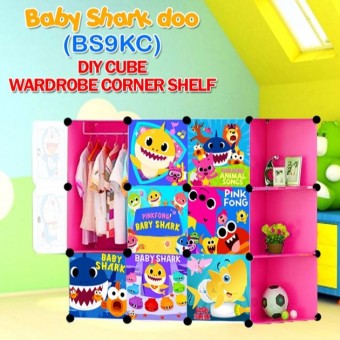 Babyshark 9 cube DIY Multipurpose Wardrobe Cabinet Clothes Storage Organizer Almari Rak Dropship
