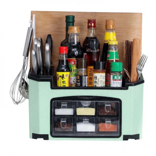 Kitchen Rack Storage Box Six Grid Condiments Seasoning Organizer Set With Spoons