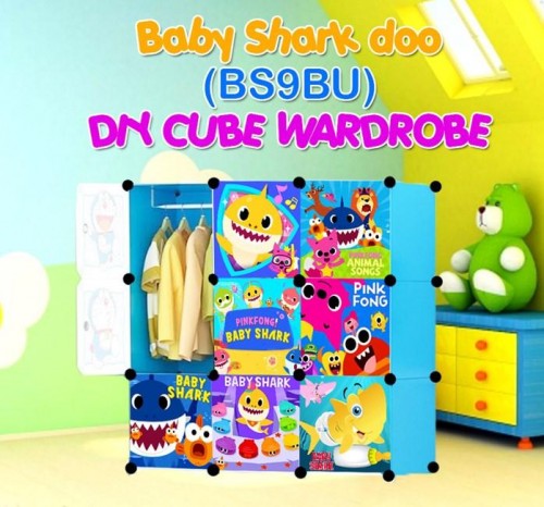 Babyshark 9 cube Rack DIY Multipurpose Wardrobe Cabinet Clothes Storage Organizer Almari Rak Dropshi
