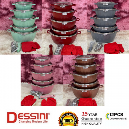 [Ready Stock] NEW DESSINI WAVE 12pc Set Cookware Premium Casserole Granite Set Frying Pan Kitchenwar