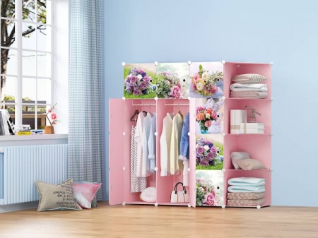 FloweryRoses 12 cube C Pink DIY Multipurpose Wardrobe Cabinet Clothes Storage Organizer Almari Rak D