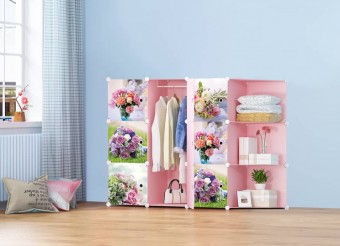 [READY STOK] FLOWERY ROSES PINK 9C DIY Rack Storage Cabinet Wardrobe Corner Rack With Almari Hanger