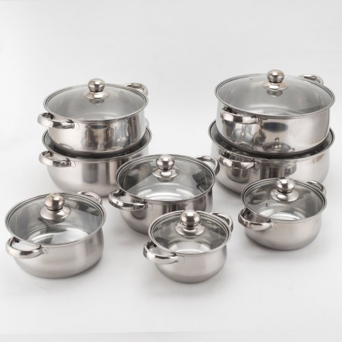 High-Quality Cookware Stainless Steel Soup Pot With Glass Lid (16pcs)