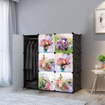 FLOWERY ROSES 9C DIY Rack Storage Cabinet Wardrobe With Almari Hanger (NF9BK)