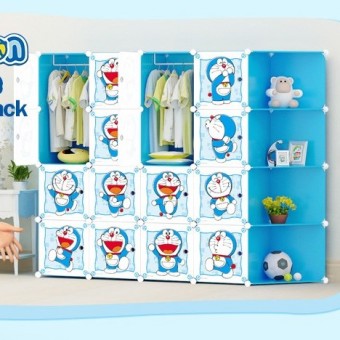 Doraemon Blue 16C DIY Rack Storage Cabinet Wardrobe Corner Rack With Almari Hanger (DR16CB)