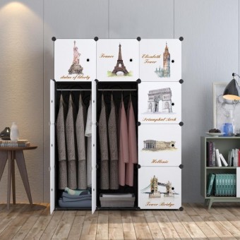 EURO BLACK 12C DIY Rack Storage Cabinet Wardrobe With Almari Hanger (EU12BK)