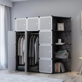 LINE WHITE BLACK 12C DIY Rack Storage Cabinet Wardrobe Corner Rack With Almari Hanger (LW12CK)