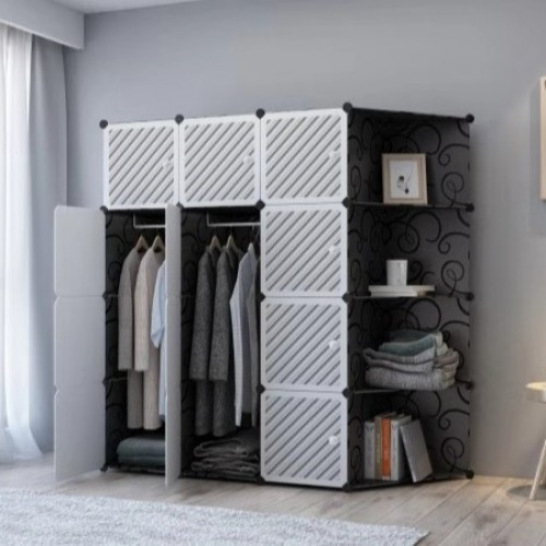 LINE WHITE BLACK 12C DIY Rack Storage Cabinet Wardrobe Corner Rack With Almari Hanger (LW12CK)