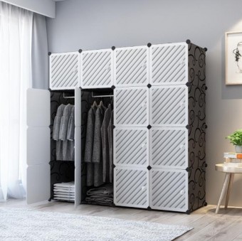 LINE WHITE 16C DIY Rack Storage Cabinet Wardrobe With Almari Hanger (LW16BK)