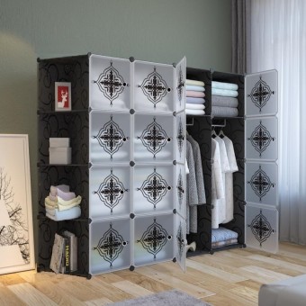 PLAIN FLOWER BLACK 16C DIY Rack Storage Cabinet Wardrobe Corner Rack With Almari Hanger (PM16CK)