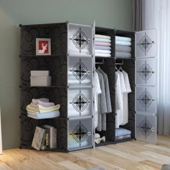 PLAIN FLOWER BLACK 12C DIY Rack Storage Cabinet Wardrobe Corner Rack With Almari Hanger (PM12CK)