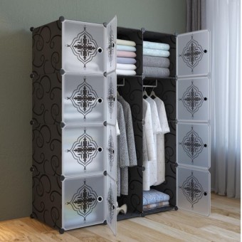 PLAIN FLOWER BLACK 12C DIY Rack Storage Cabinet Wardrobe With Almari Hanger (PM12BK)