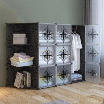 PLAIN FLOWER BLACK 9C DIY Rack Storage Cabinet Wardrobe Corner Rack With Almari Hanger (PM9CK)