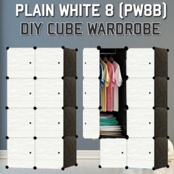 PLAIN WHITE 8C DIY Rack Storage Cabinet Wardrobe With Almari Hanger (PW8B)