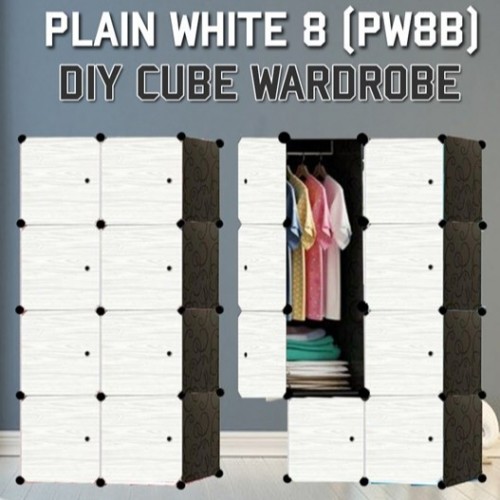 PLAIN WHITE 8C DIY Rack Storage Cabinet Wardrobe With Almari Hanger (PW8B)