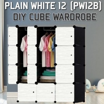 PLAIN WHITE 12C DIY Rack Storage Cabinet Wardrobe With Almari Hanger (PW12B)