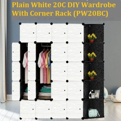 PLAIN WHITE 20C DIY Corner Rack Storage Cabinet Wardrobe With Almari Hanger (PW20BC)