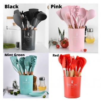 [PREORDER] ETA 10/6 12PCS Silicone Cooking Utensils Set Non-stick Spatula Shovel Wooden Handle Cooki