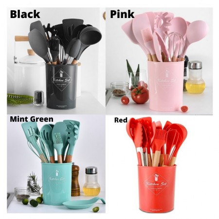 [PREORDER] ETA 10/6 12PCS Silicone Cooking Utensils Set Non-stick Spatula Shovel Wooden Handle Cooki