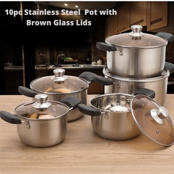 10pc High-Quality Cookware Stainless Steel Soup Pot With Brown Glass Lid (10SBL)