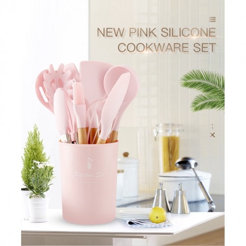 [PREORDER] ETA 10/6 12PCS Silicone Cooking Utensils Set Non-stick Spatula Shovel Wooden Handle Cooki
