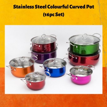 High-Quality Cookware Stainless Steel Colourful Curved Soup Stock Pot (16pcs)