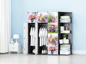 FLOWERY ROSES BLACK 12C DIY Rack Storage Cabinet Wardrobe Corner Rack With Almari Hanger (NF12CK)