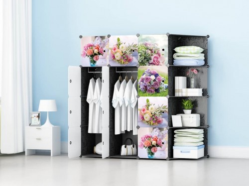 FLOWERY ROSES BLACK 12C DIY Rack Storage Cabinet Wardrobe Corner Rack With Almari Hanger (NF12CK)