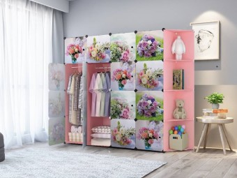 FLOWERY ROSES PINK 16C DIY Rack Storage Cabinet Wardrobe Corner Rack With Almari Hanger (NF16CP)