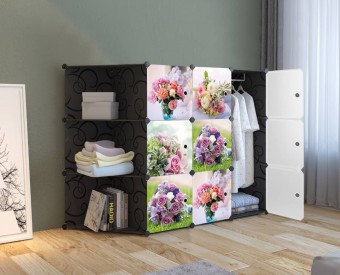 FLOWERY ROSES BLACK 9C DIY Rack Storage Cabinet Wardrobe Corner Rack With Almari Hanger (NF9CK)