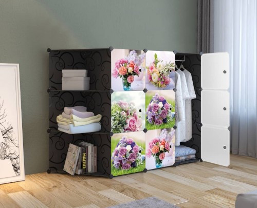 FLOWERY ROSES BLACK 9C DIY Rack Storage Cabinet Wardrobe Corner Rack With Almari Hanger (NF9CK)