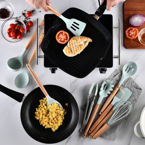 [PREORDER] ETA 10/6 12PCS Silicone Cooking Utensils Set Non-stick Spatula Shovel Wooden Handle Cooki
