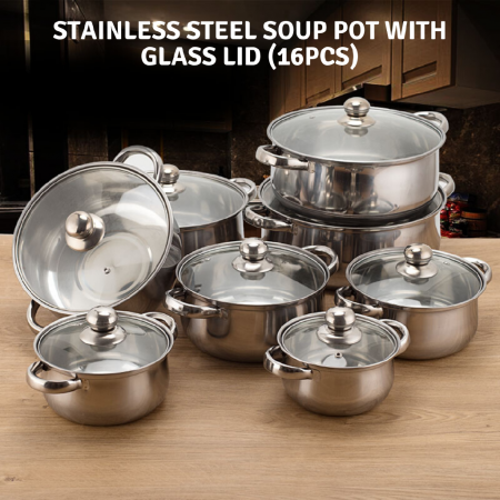 High-Quality Cookware Stainless Steel Soup Pot With Glass Lid (16pcs)