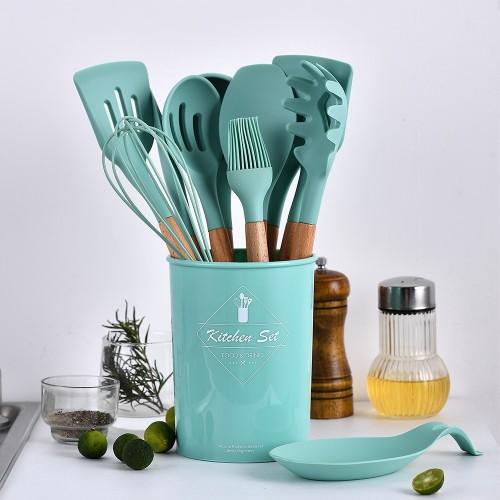 [PREORDER] ETA 10/6 12PCS Silicone Cooking Utensils Set Non-stick Spatula Shovel Wooden Handle Cooki